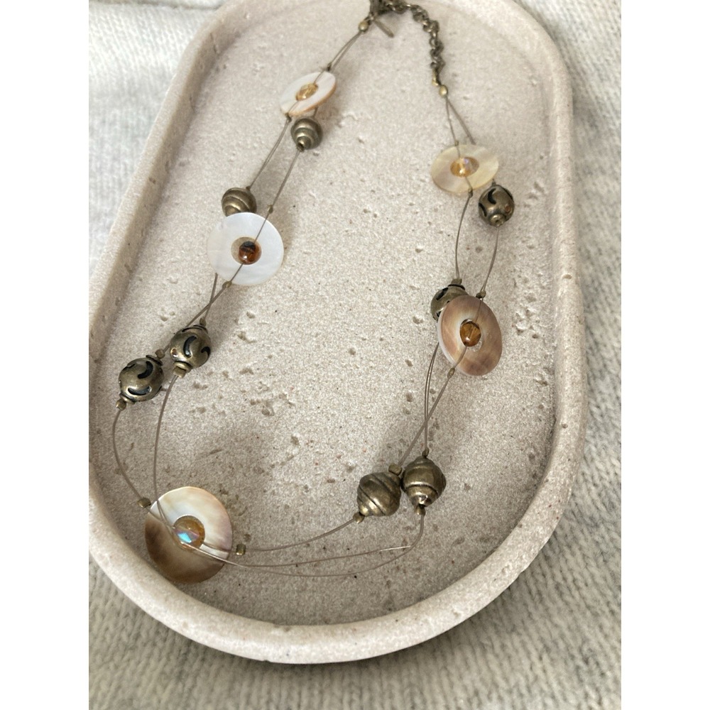 Chico's Shell Disc Bead Necklace Antiqued‎ Brass Tone Multi Strand Lightweight